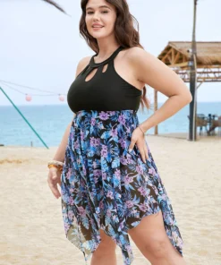 Floral Cut Out Halter Neck Hanky Hem Swim Dress -Clothing Shop 99709610 cz