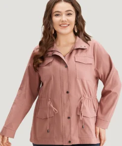 Plain Pocket Button Through Drawstring Zipper Jacket -Clothing Shop 997213617 iu