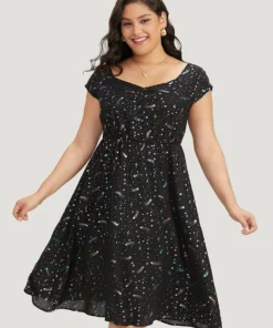 Star Glitter Pocket Ruched Square Neck Dress -Clothing Shop 99733233 xh