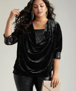 Cowl Neck 2-In-1 Sequin Patchwork Blouse -Clothing Shop 997930830 oa ec023db4 a298 4310 86ea 89178a4dd839