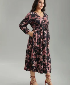 Floral Lantern Sleeve Belted Overlap Collar Dress -Clothing Shop 998223347 ia