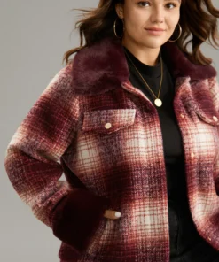 Plaid Patchwork Button Through Fuzzy Trim Woolen Jacket -Clothing Shop 998427465 xn
