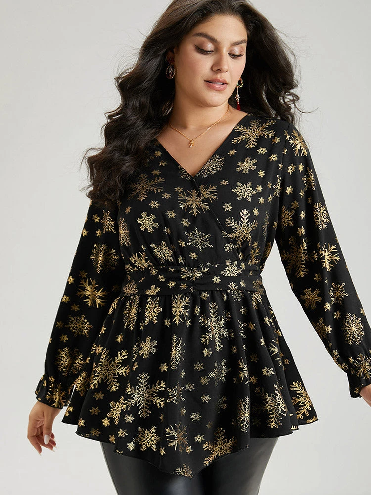 Glitter Snowflake Elastic Waist Ruched Wrap Blouse 8 Glitter Snowflake Elastic Waist Ruched Wrap Blouse - Image 6