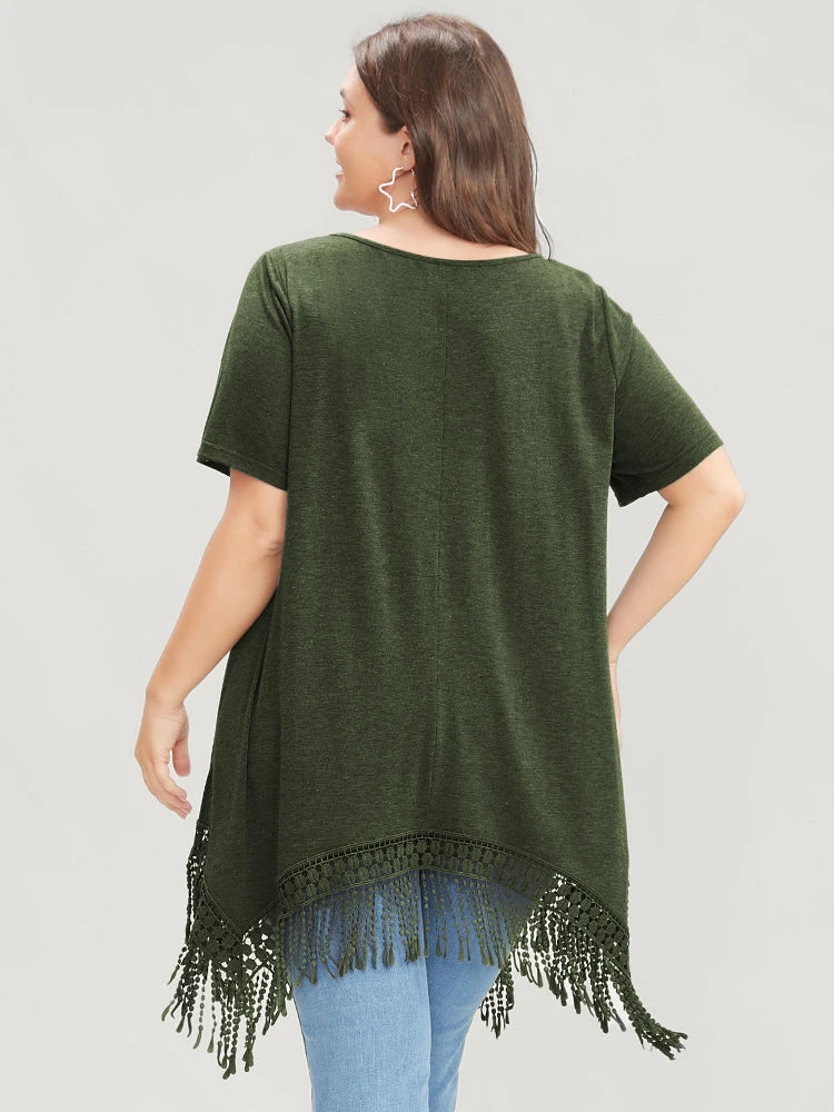 Solid Round Neck Lace Fringe Hem T-shirt 16 Solid Round Neck Lace Fringe Hem T-shirt - Image 14