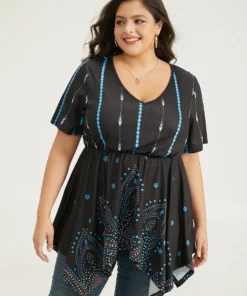 Boho Print Ruffles Hanky Hem T-shirt -Clothing Shop 999001696 jk