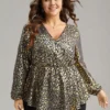 Glitter Leopard Wrap Elastic Waist Lantern Sleeve Blouse -Clothing Shop 99933519 mg