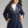 Plaid Asymmetrical Lapel Collar Patchwork Fuzzy Trim Coat -Clothing Shop 99946410 ki