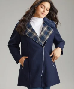 Plaid Asymmetrical Lapel Collar Patchwork Fuzzy Trim Coat