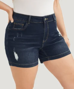 Moderately Stretchy High Rise Dark Wash Distressed Denim Shorts -Clothing Shop 999872672 ss b9418911 d600 47b9 b04b a31e05fe0154