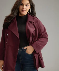 Solid Button Detail Pocket Lapel Collar Coat -Clothing Shop 999892206 oi