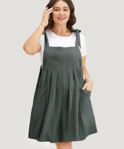 Solid Pleated Hem Pocket Tie Shoulder Overall Dress -Clothing Shop st16 c7a7dfd6 3b29 4e42 8dfc f9abe2afc836